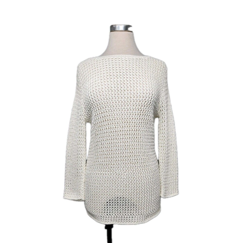 Lauren Ralph Lauren Open Knit White Sweater Long Sleeve Womens M Boat Neck Chic